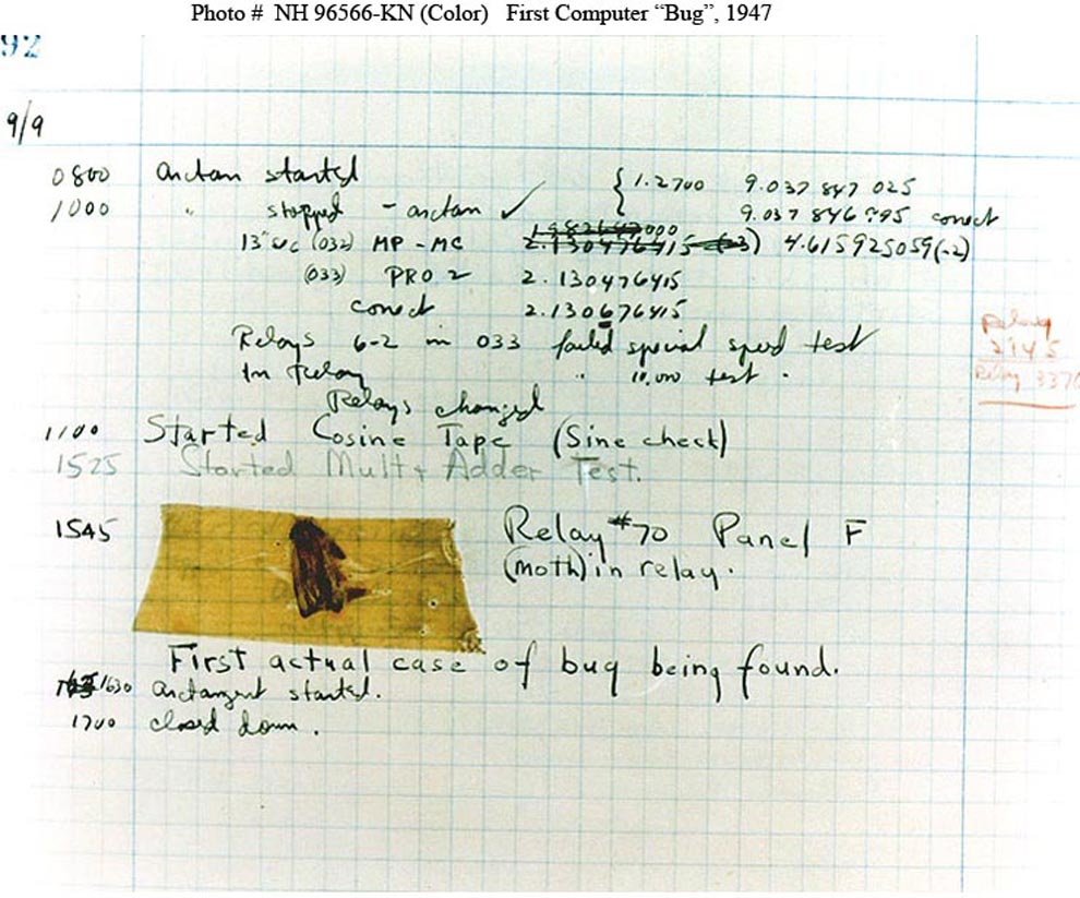 Historical illustration accompanying the book’s discussion of the first computer bug